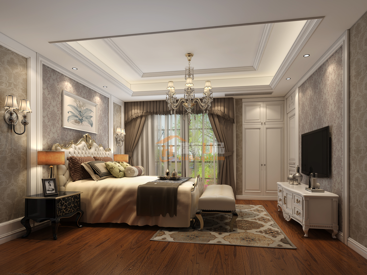 地面深色实木地板结合墙面白色实木护墙板，搭配咖啡色窗帘，营造出一种温习舒适休息空间。